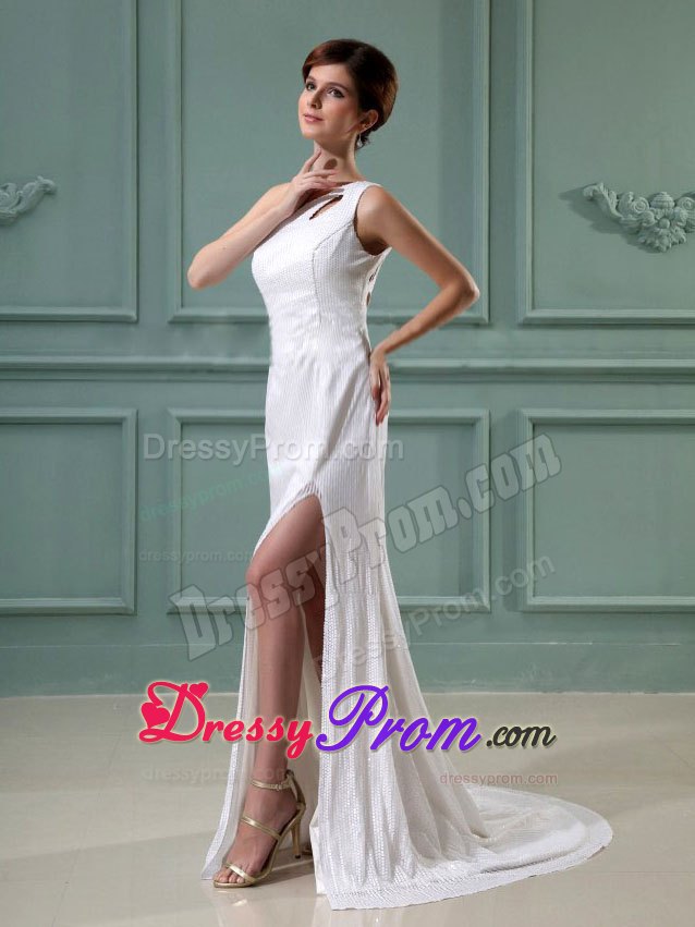 White One Shoulder Empire High Slit Brush Train for Prom Dress