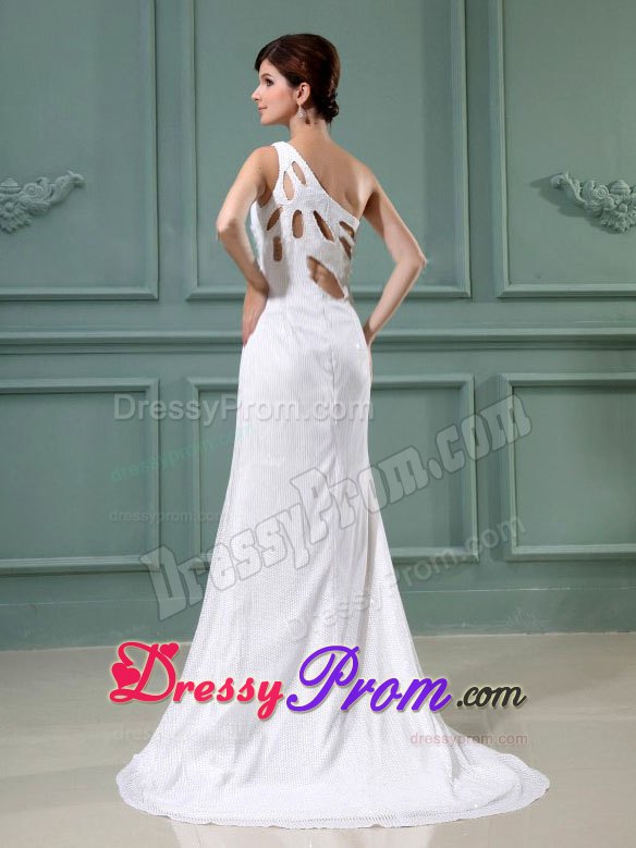 White One Shoulder Empire High Slit Brush Train for Prom Dress