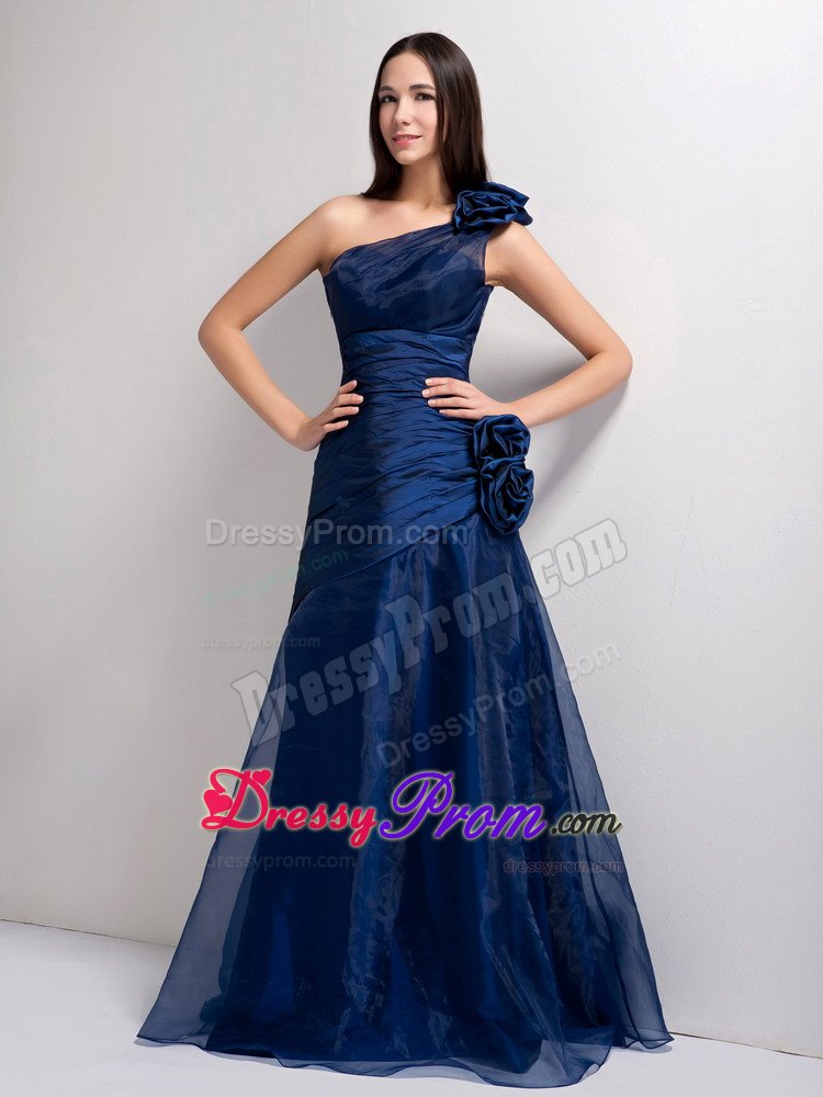 One Shoulder Navy Blue A-line Floor-length Prom Dress with Hand Flowers