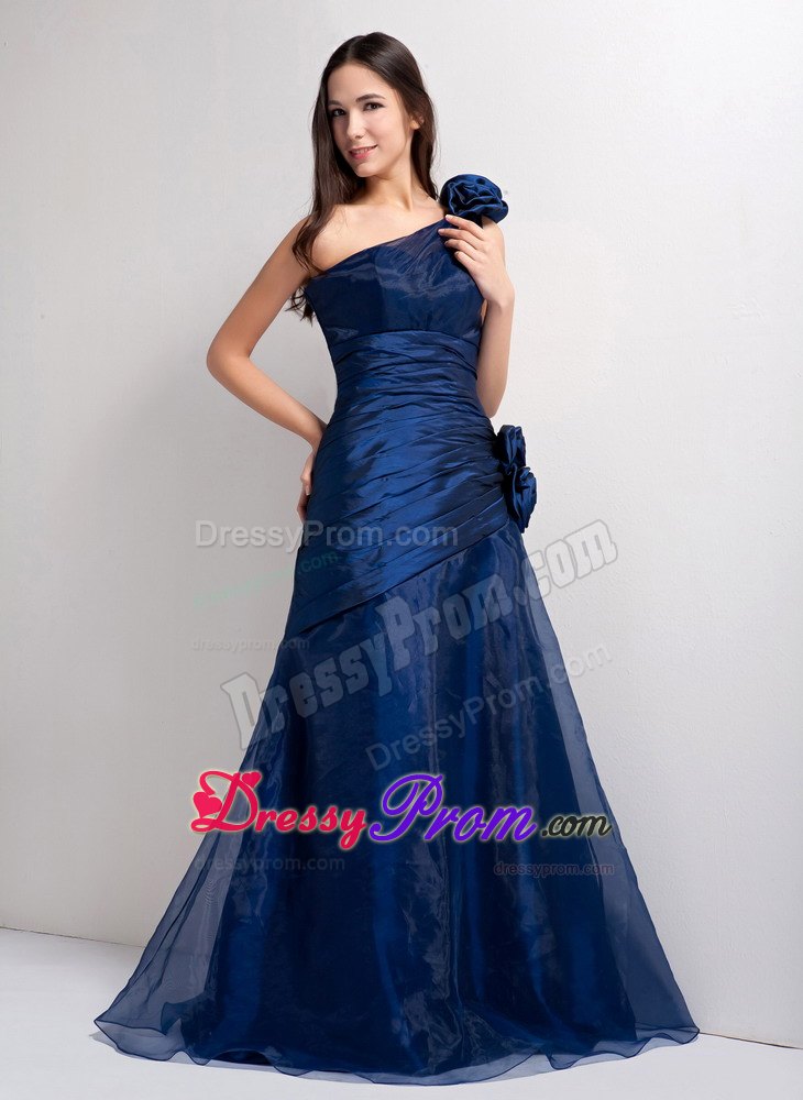 One Shoulder Navy Blue A-line Floor-length Prom Dress with Hand Flowers