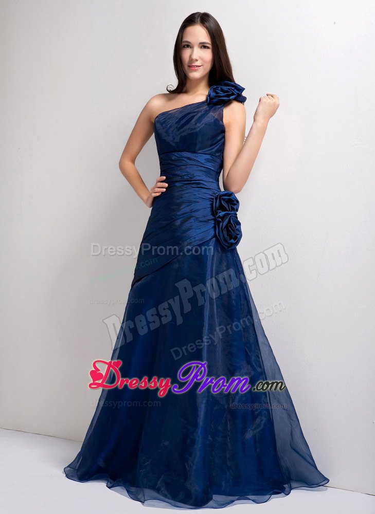 One Shoulder Navy Blue A-line Floor-length Prom Dress with Hand Flowers
