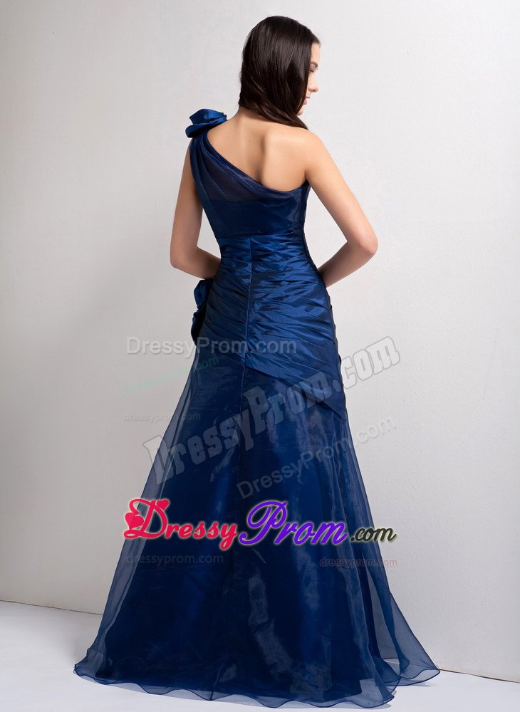 One Shoulder Navy Blue A-line Floor-length Prom Dress with Hand Flowers