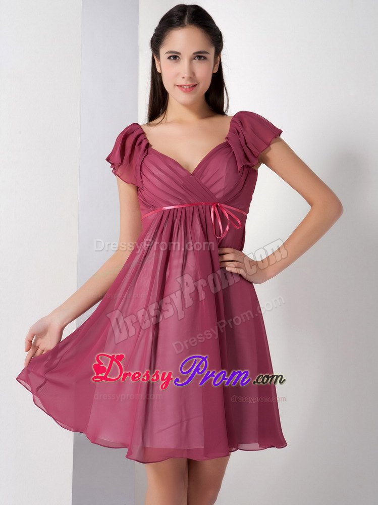 A-line V-neck Burgundy Ruching Chiffon Knee-length JS Prom Dresses