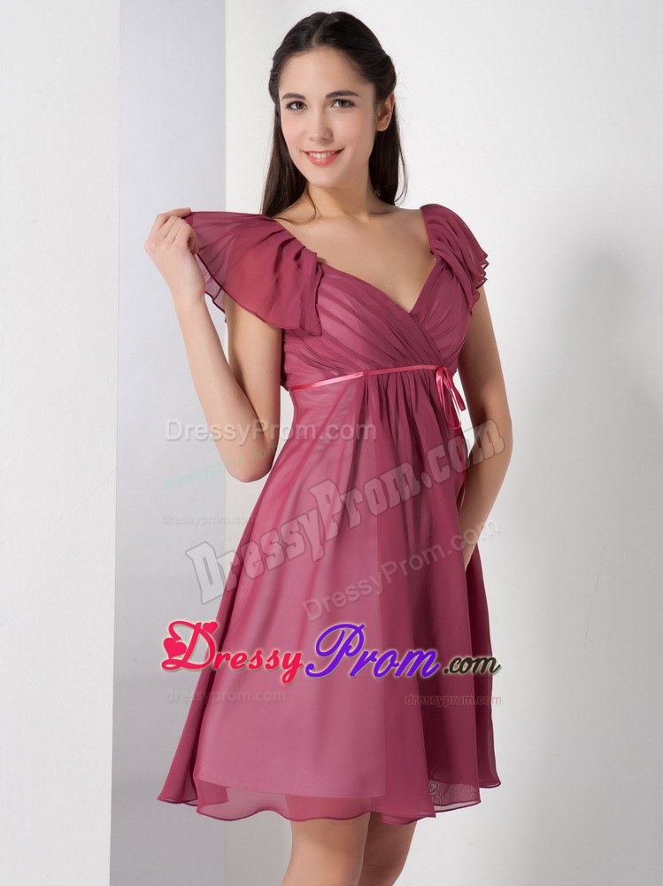 A-line V-neck Burgundy Ruching Chiffon Knee-length JS Prom Dresses