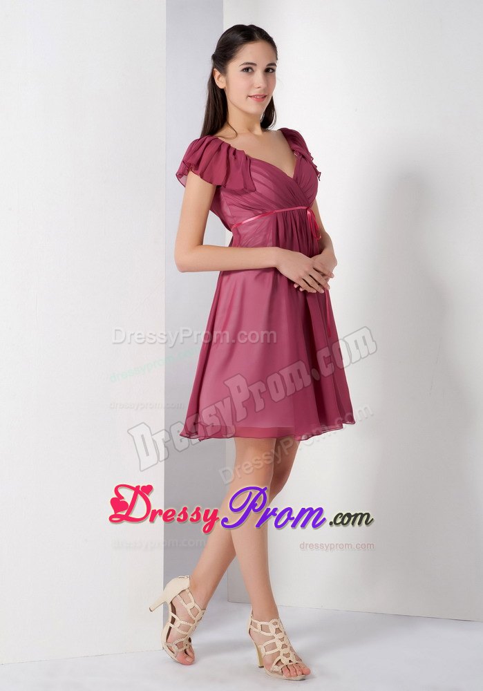 A-line V-neck Burgundy Ruching Chiffon Knee-length JS Prom Dresses
