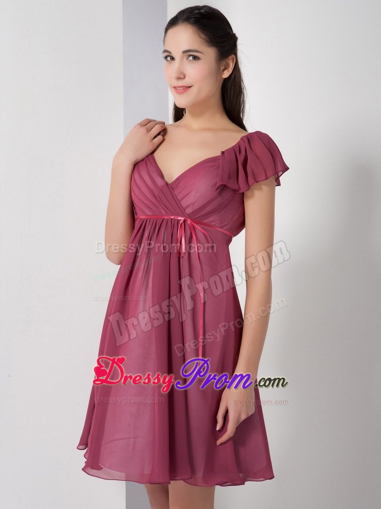 A-line V-neck Burgundy Ruching Chiffon Knee-length JS Prom Dresses