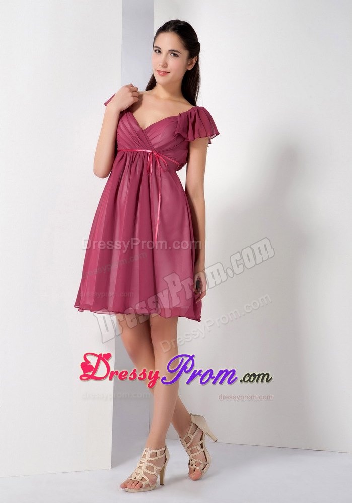 A-line V-neck Burgundy Ruching Chiffon Knee-length JS Prom Dresses