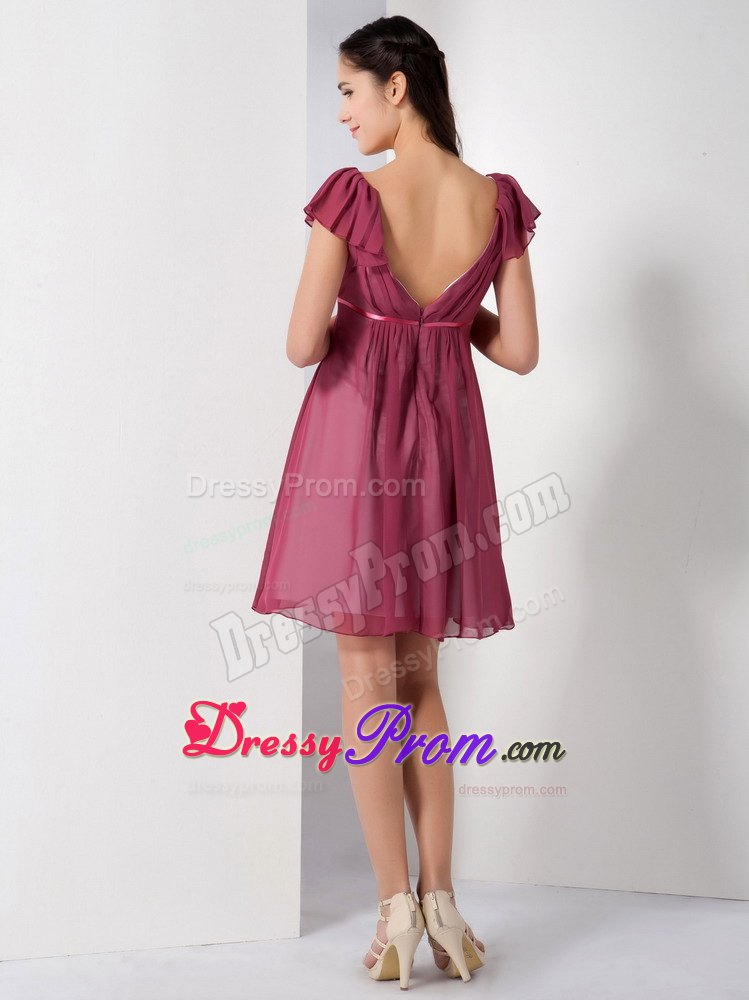 A-line V-neck Burgundy Ruching Chiffon Knee-length JS Prom Dresses