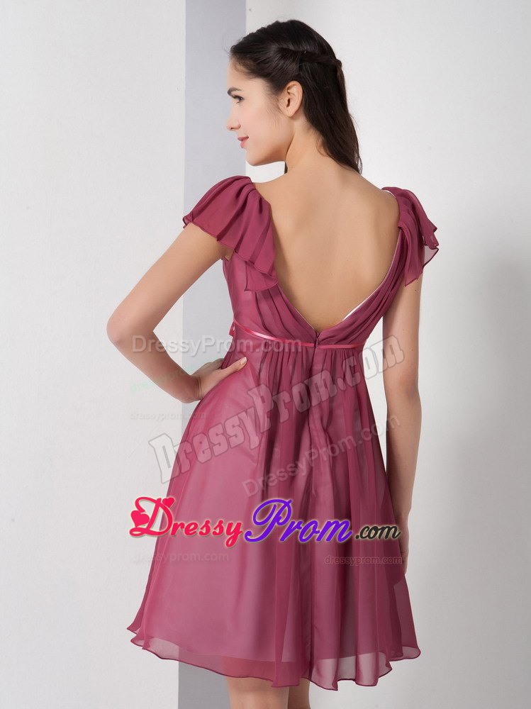 A-line V-neck Burgundy Ruching Chiffon Knee-length JS Prom Dresses