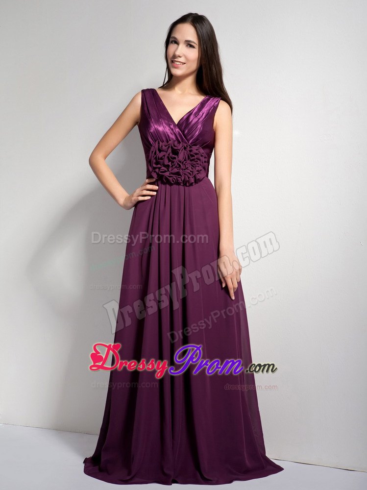 Ruching A-line V-neck Dark Purple Dresses For JS Prom with Brush Train