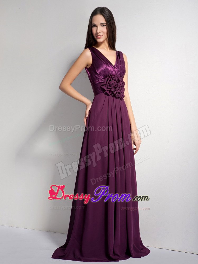 Ruching A-line V-neck Dark Purple Dresses For JS Prom with Brush Train