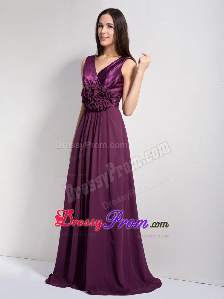 Ruching A-line V-neck Dark Purple Dresses For JS Prom with Brush Train