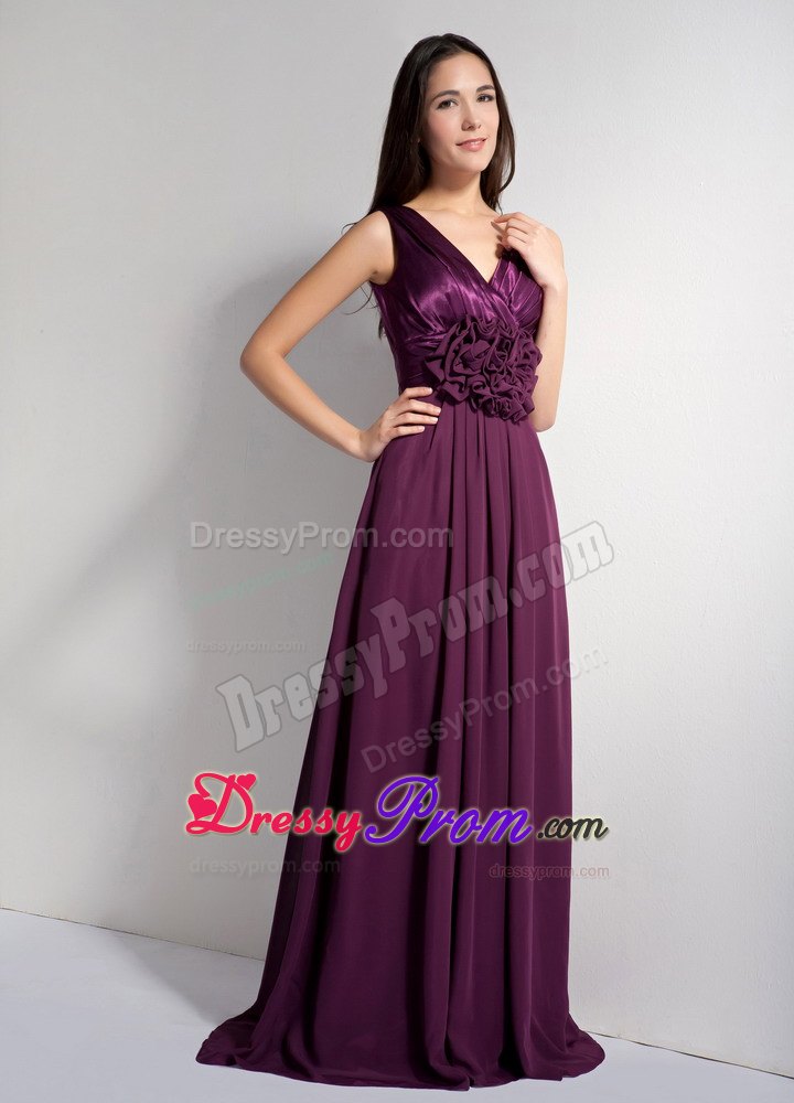 Ruching A-line V-neck Dark Purple Dresses For JS Prom with Brush Train
