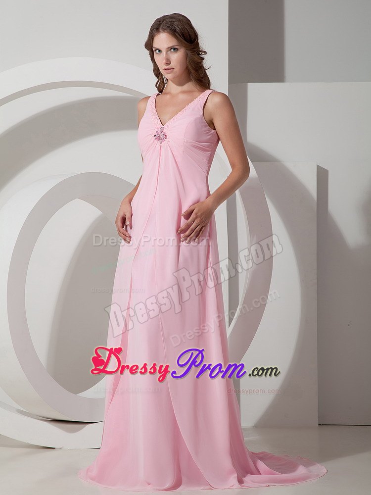 Empire V-neck Baby Pink Beading Chiffon Prom Dress with Brush Train
