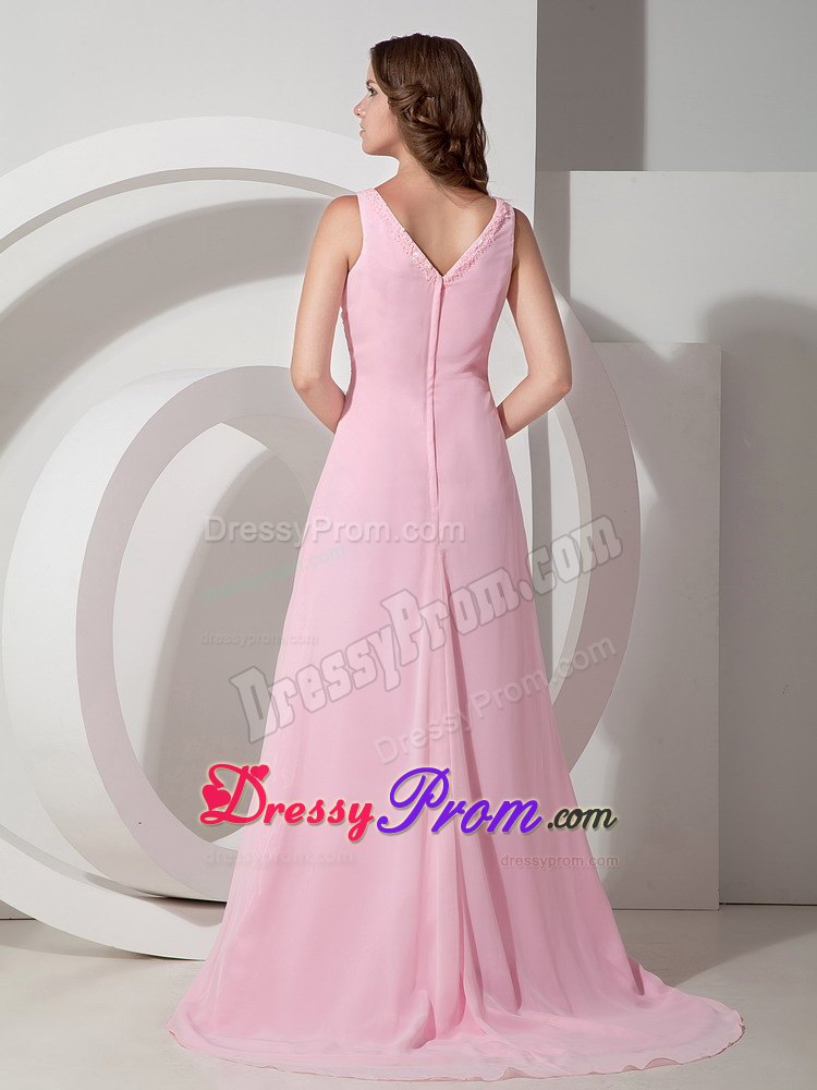 Empire V-neck Baby Pink Beading Chiffon Prom Dress with Brush Train