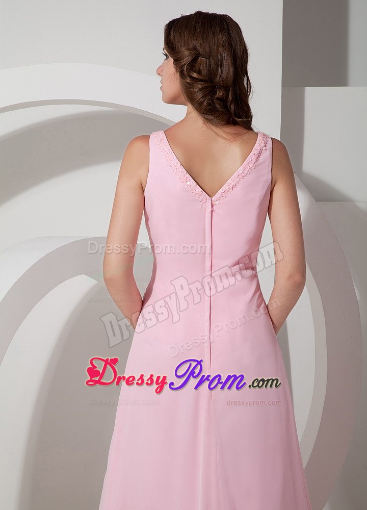 Empire V-neck Baby Pink Beading Chiffon Prom Dress with Brush Train
