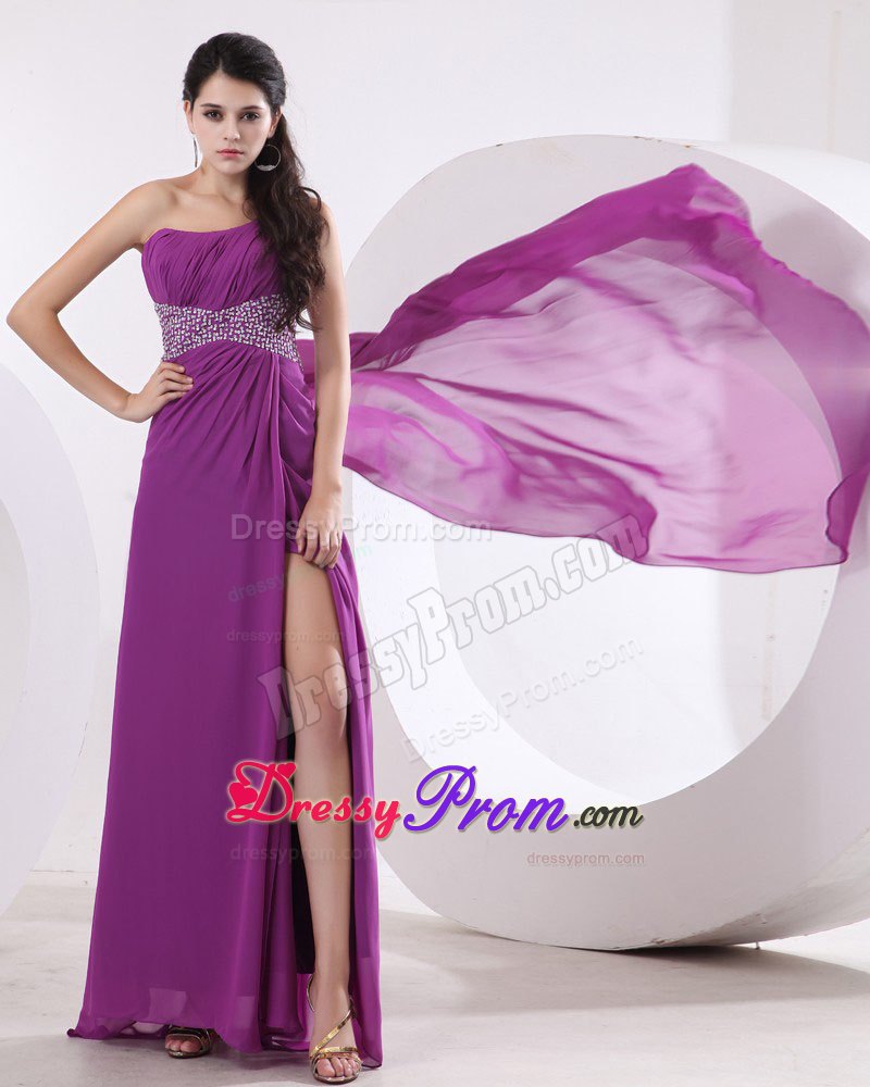 One Shoulder High Slit Fuchsia Beading Prom Dress With Watteau Train
