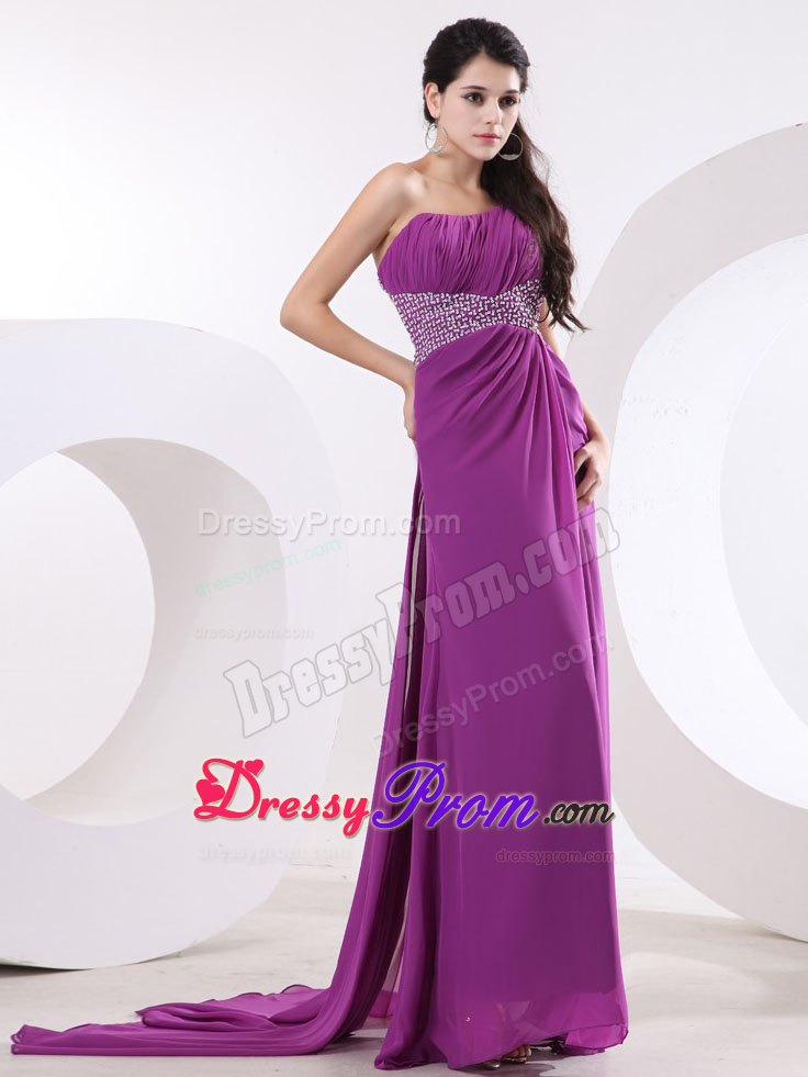 One Shoulder High Slit Fuchsia Beading Prom Dress With Watteau Train