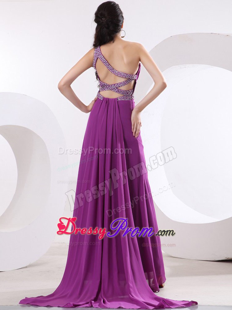 One Shoulder High Slit Fuchsia Beading Prom Dress With Watteau Train