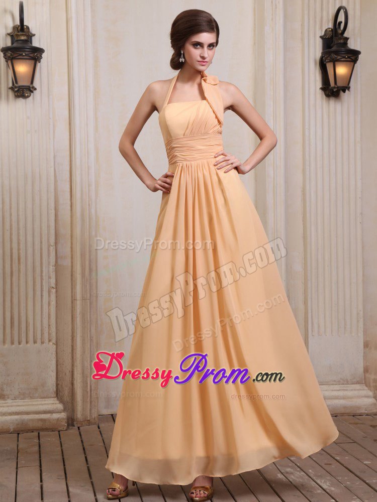 Gold Halter Ankle-length Prom Dress With Ruching in Queensland