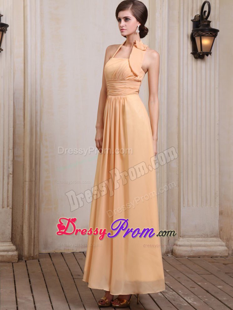 Gold Halter Ankle-length Prom Dress With Ruching in Queensland