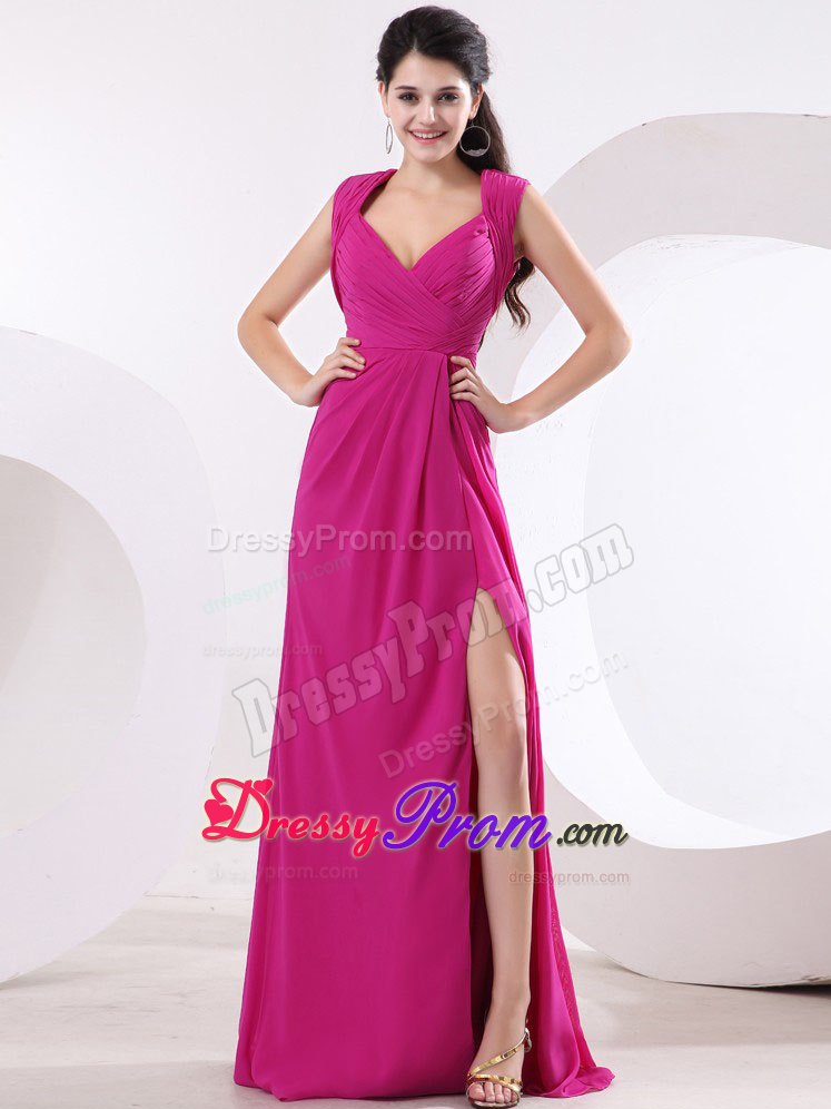 Ruching Straps Fuchsia V-neck For High Slit Prom Dress With Backout