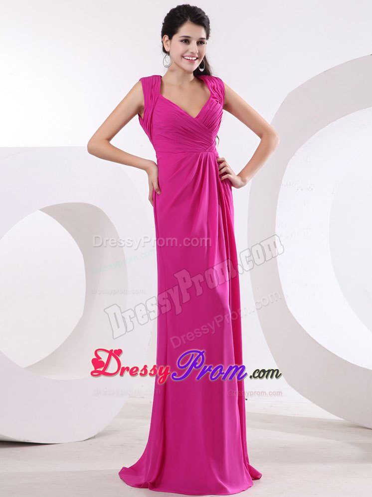 Ruching Straps Fuchsia V-neck For High Slit Prom Dress With Backout