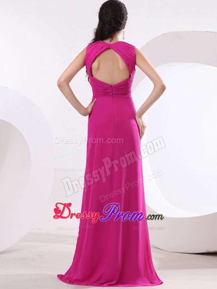 Ruching Straps Fuchsia V-neck For High Slit Prom Dress With Backout