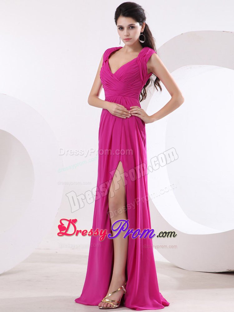 Ruching Straps Fuchsia V-neck For High Slit Prom Dress With Backout