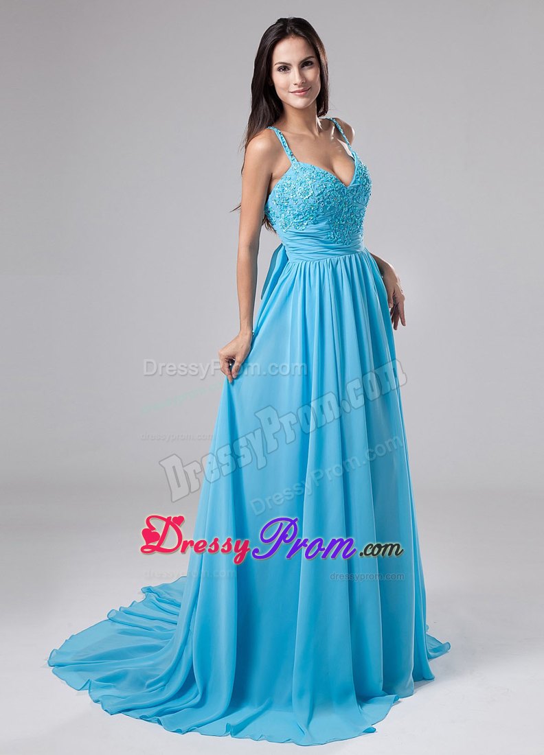 Blue Empire Straps Sweetheart Beading Chiffon Prom Dress with Court Train