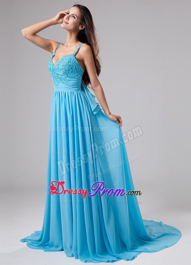 Blue Empire Straps Sweetheart Beading Chiffon Prom Dress with Court Train