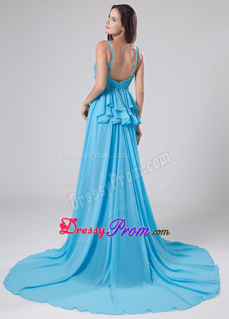 Blue Empire Straps Sweetheart Beading Chiffon Prom Dress with Court Train