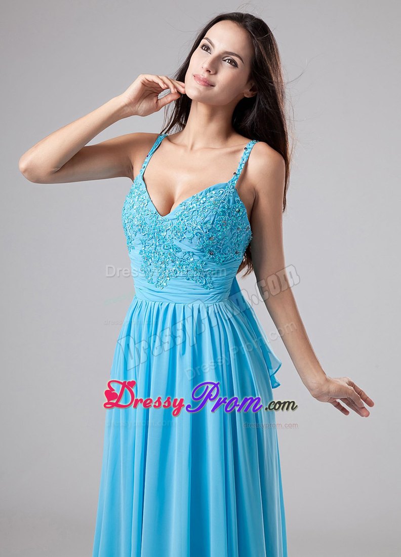 Blue Empire Straps Sweetheart Beading Chiffon Prom Dress with Court Train