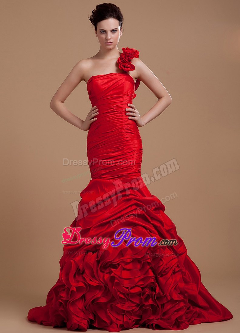 Mermaid Prom Dress With One Shoulder Hand Flowers and Ruffled Layers