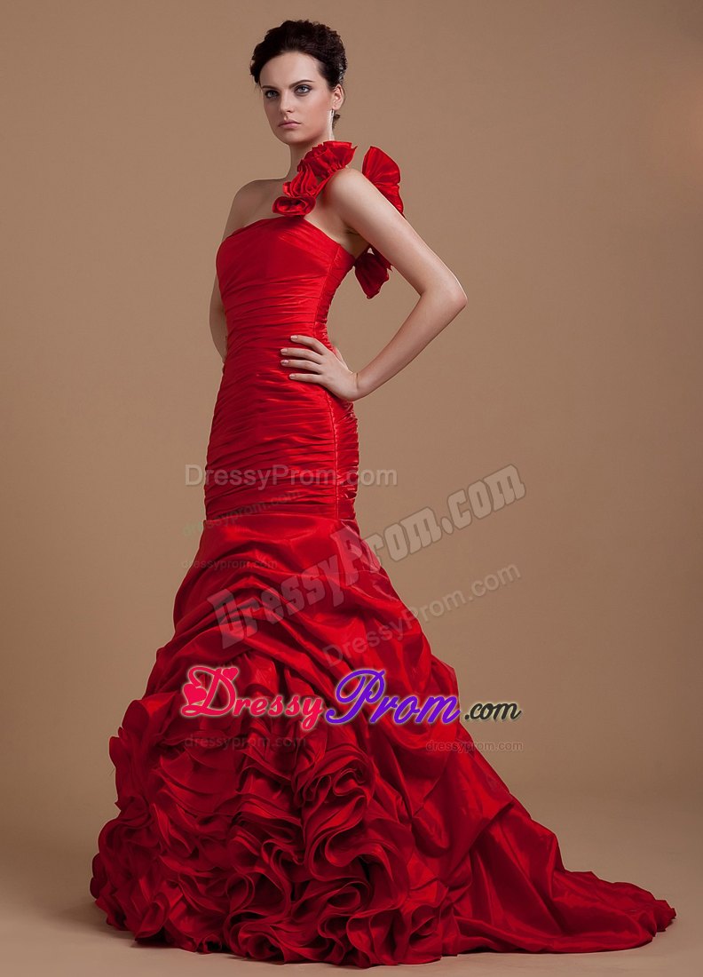 Mermaid Prom Dress With One Shoulder Hand Flowers and Ruffled Layers