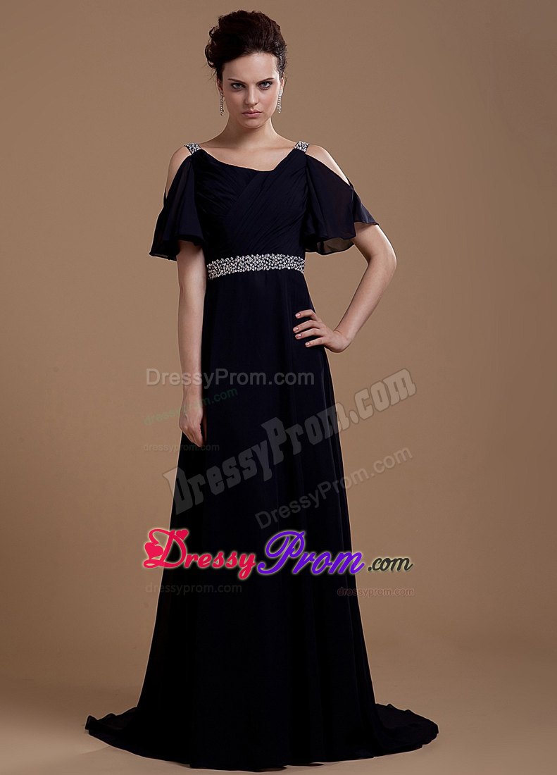 Black Chiffon V-neck Prom Dresses With Beading and Brush Train