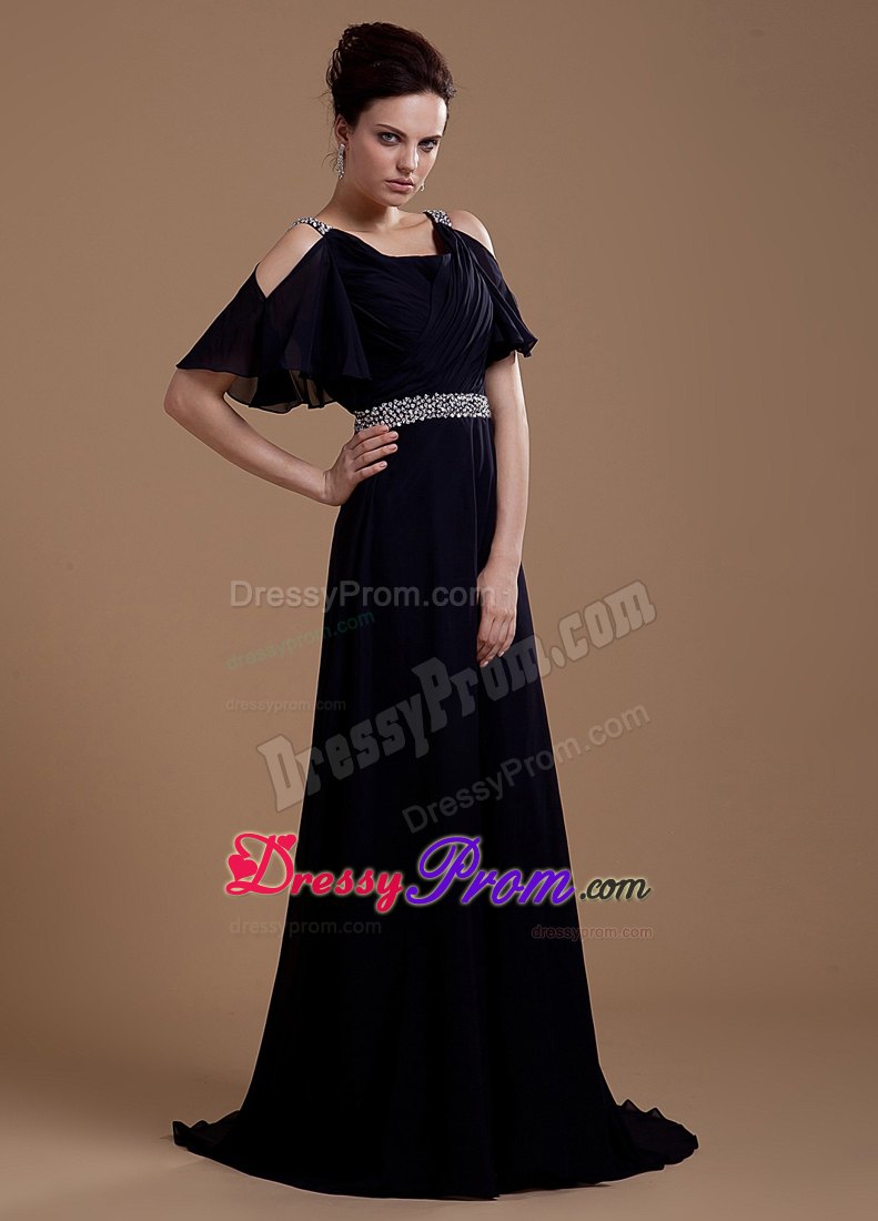 Black Chiffon V-neck Prom Dresses With Beading and Brush Train