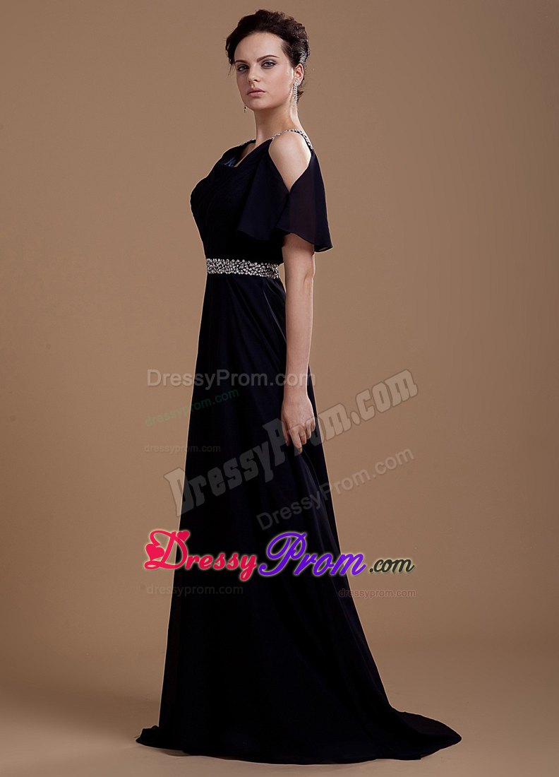 Black Chiffon V-neck Prom Dresses With Beading and Brush Train