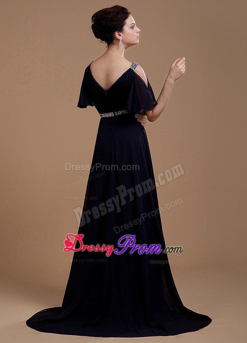 Black Chiffon V-neck Prom Dresses With Beading and Brush Train