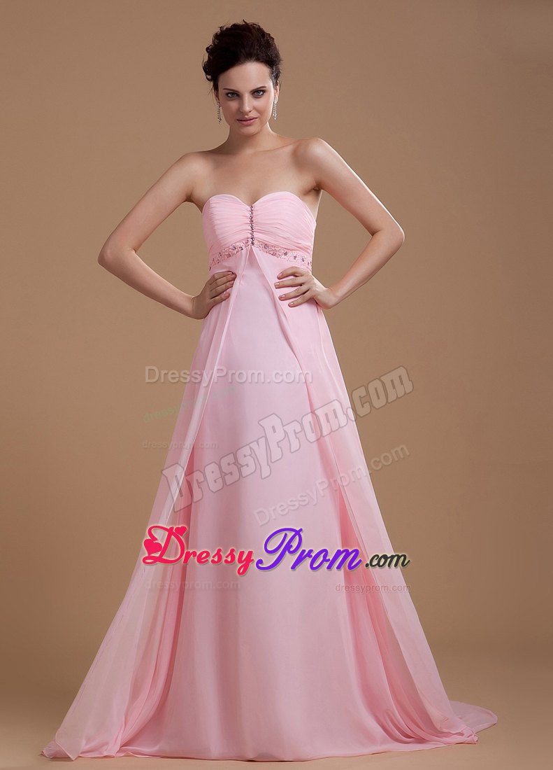 Baby Pink Sweetheart Beaded Chiffon Prom Dress With Court Train