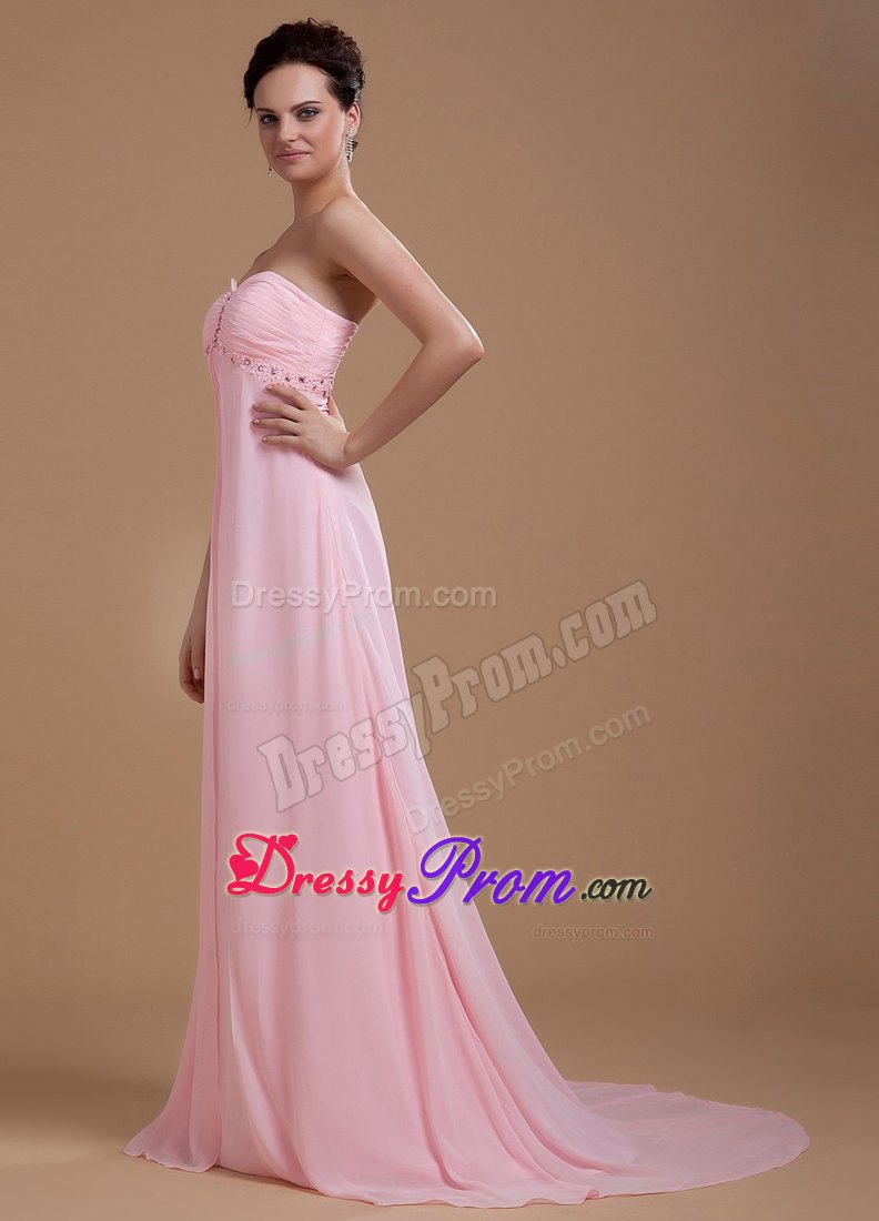 Baby Pink Sweetheart Beaded Chiffon Prom Dress With Court Train