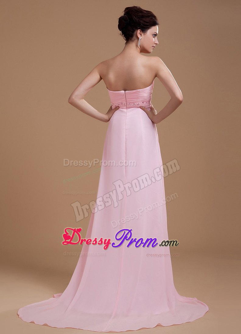 Baby Pink Sweetheart Beaded Chiffon Prom Dress With Court Train