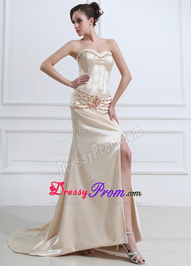 Champagne Sweetheart Prom Evening Dress With Beading and High Slit