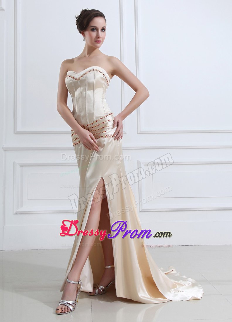 Champagne Sweetheart Prom Evening Dress With Beading and High Slit