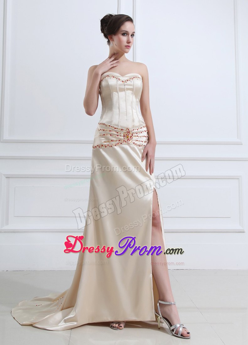 Champagne Sweetheart Prom Evening Dress With Beading and High Slit
