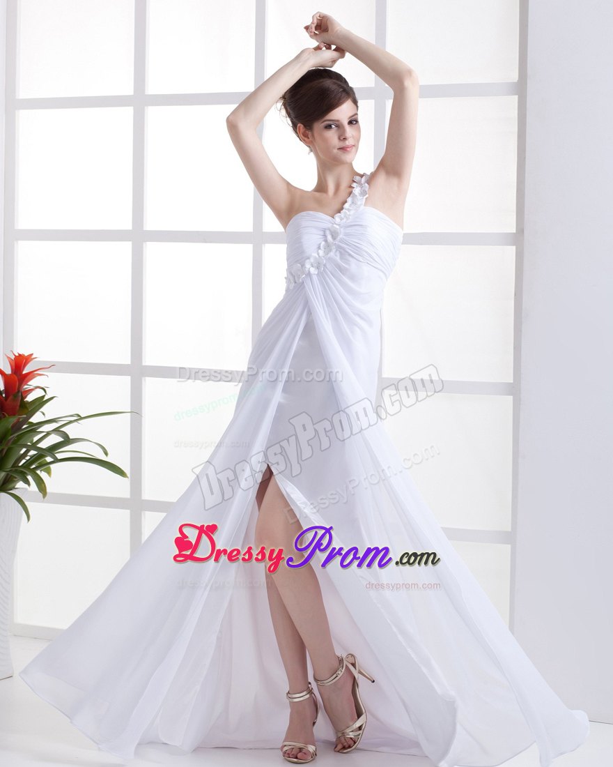 One Shoulder White High Slit Brush Train Prom Holiday Dress