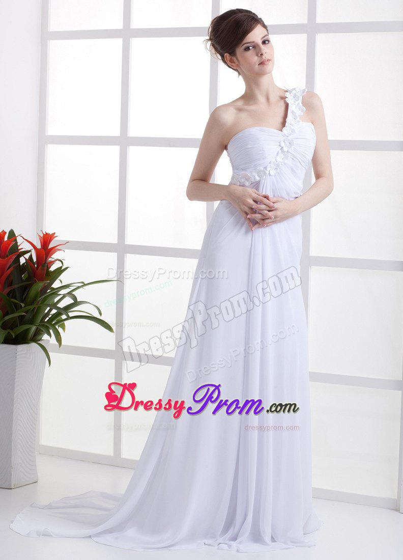 One Shoulder White High Slit Brush Train Prom Holiday Dress