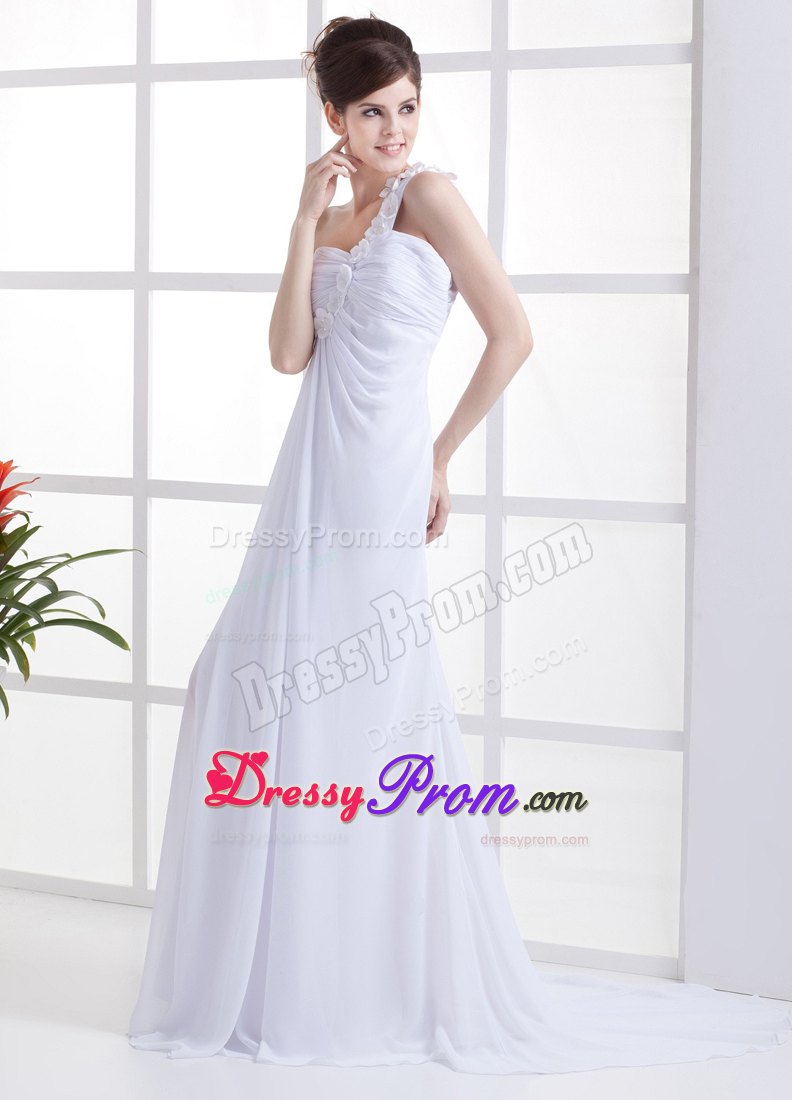 One Shoulder White High Slit Brush Train Prom Holiday Dress