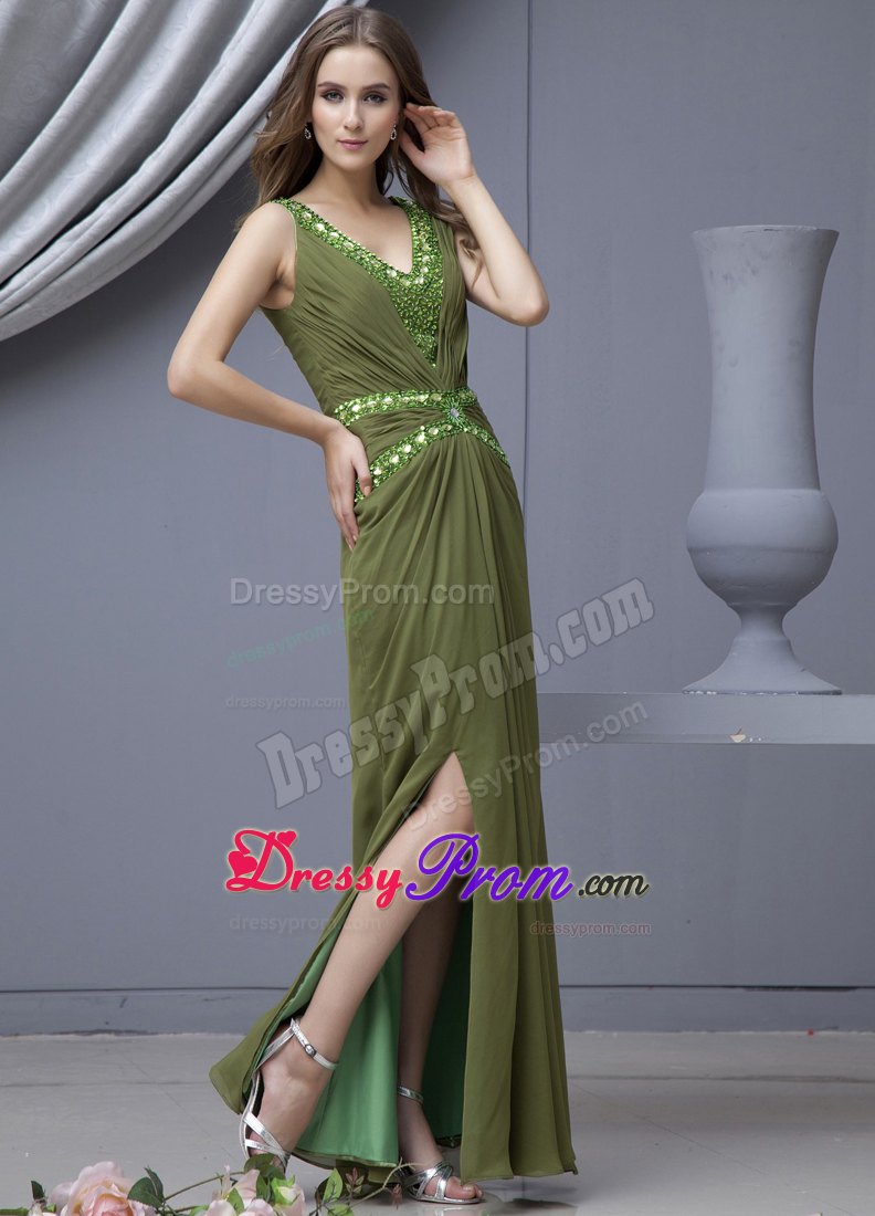 Olive Green Beading V-neck High Slit Chiffon Floor-length Prom Dress