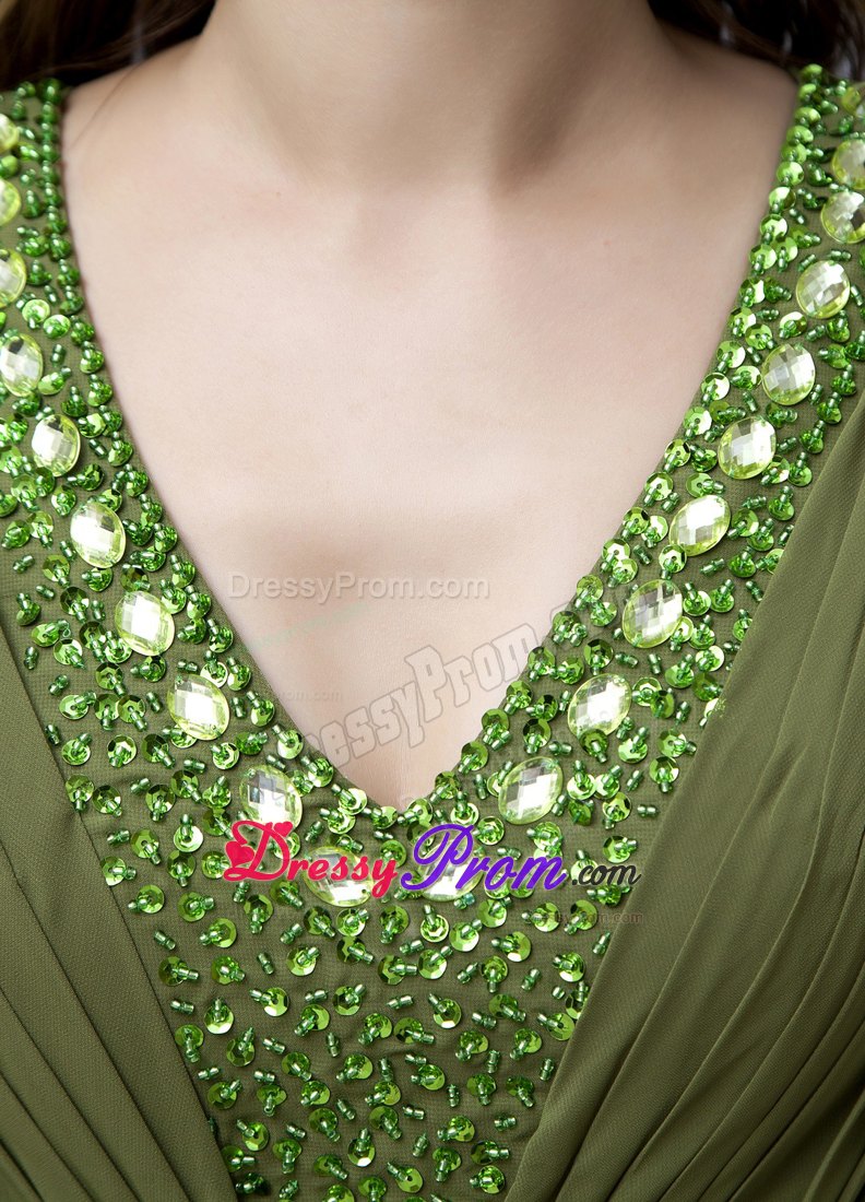 Olive Green Beading V-neck High Slit Chiffon Floor-length Prom Dress